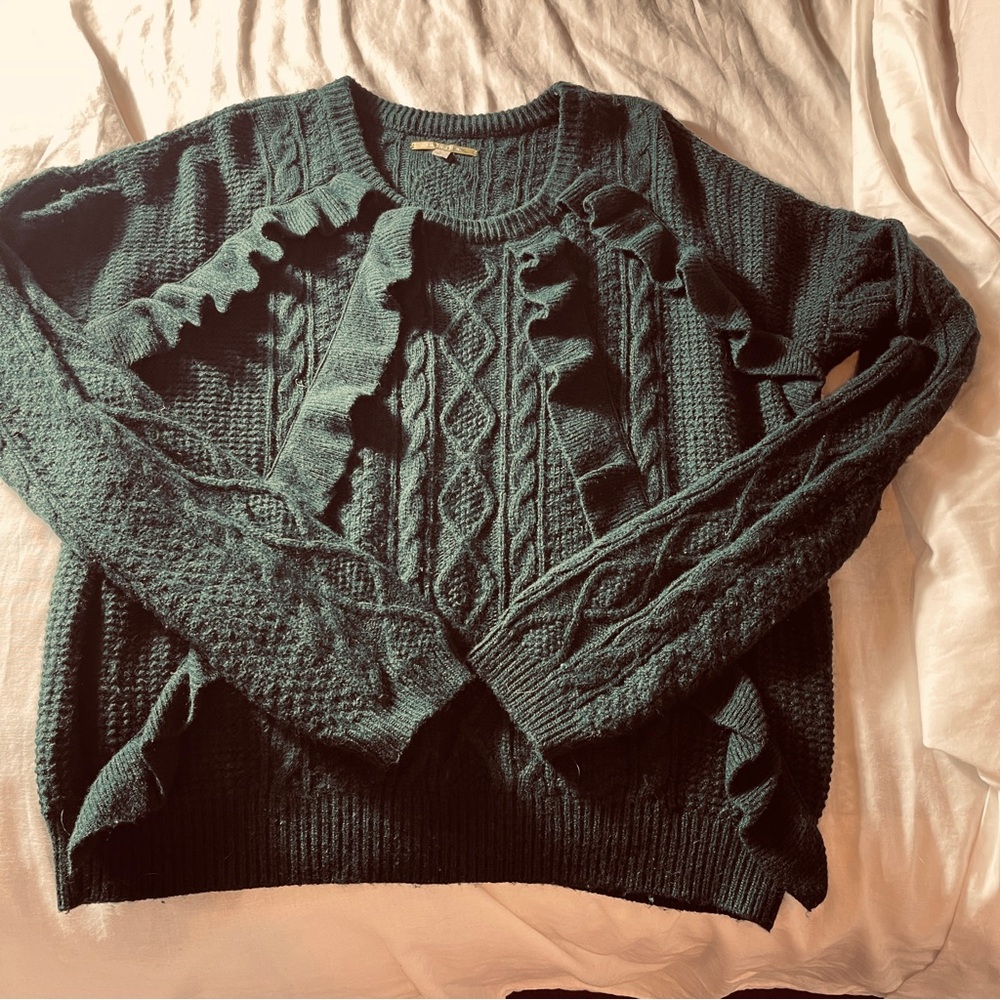Gianni Bini  Ruffle Cable-Knit Alpaca Blend Sweater-Forest Green (L)